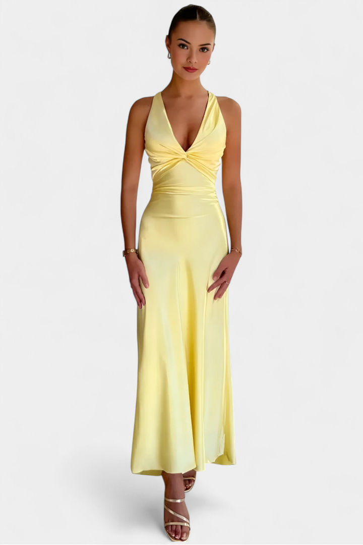 Abito Lea Elegante con Vita Arricciata e Scollo a V