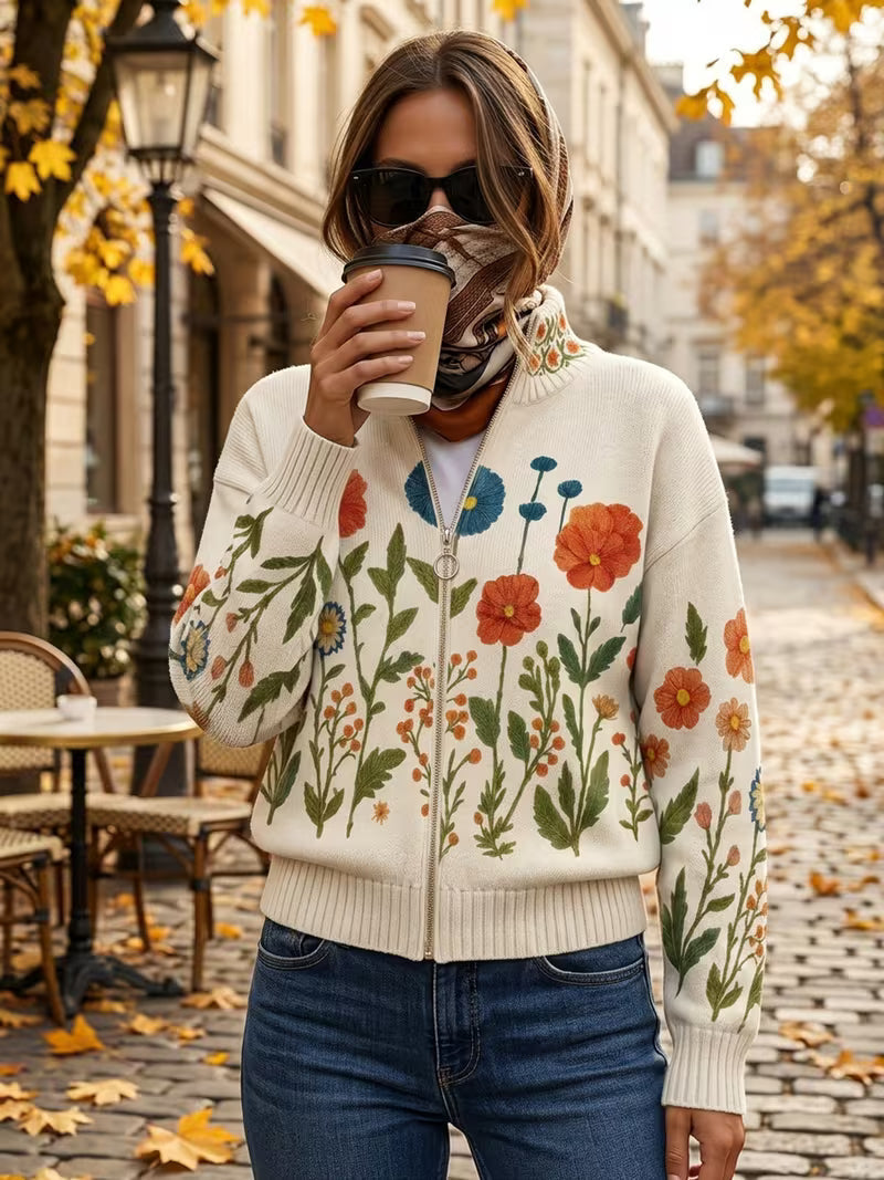 Juniper | Cardigan con zip in medaglione di fiori selvatici