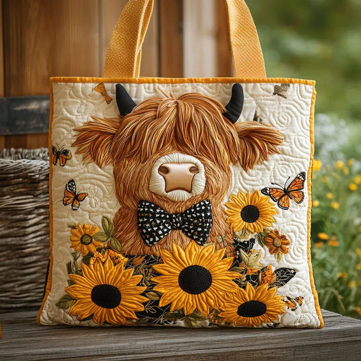 Borsa trapuntata - Mucca delle Highlands con girasoli