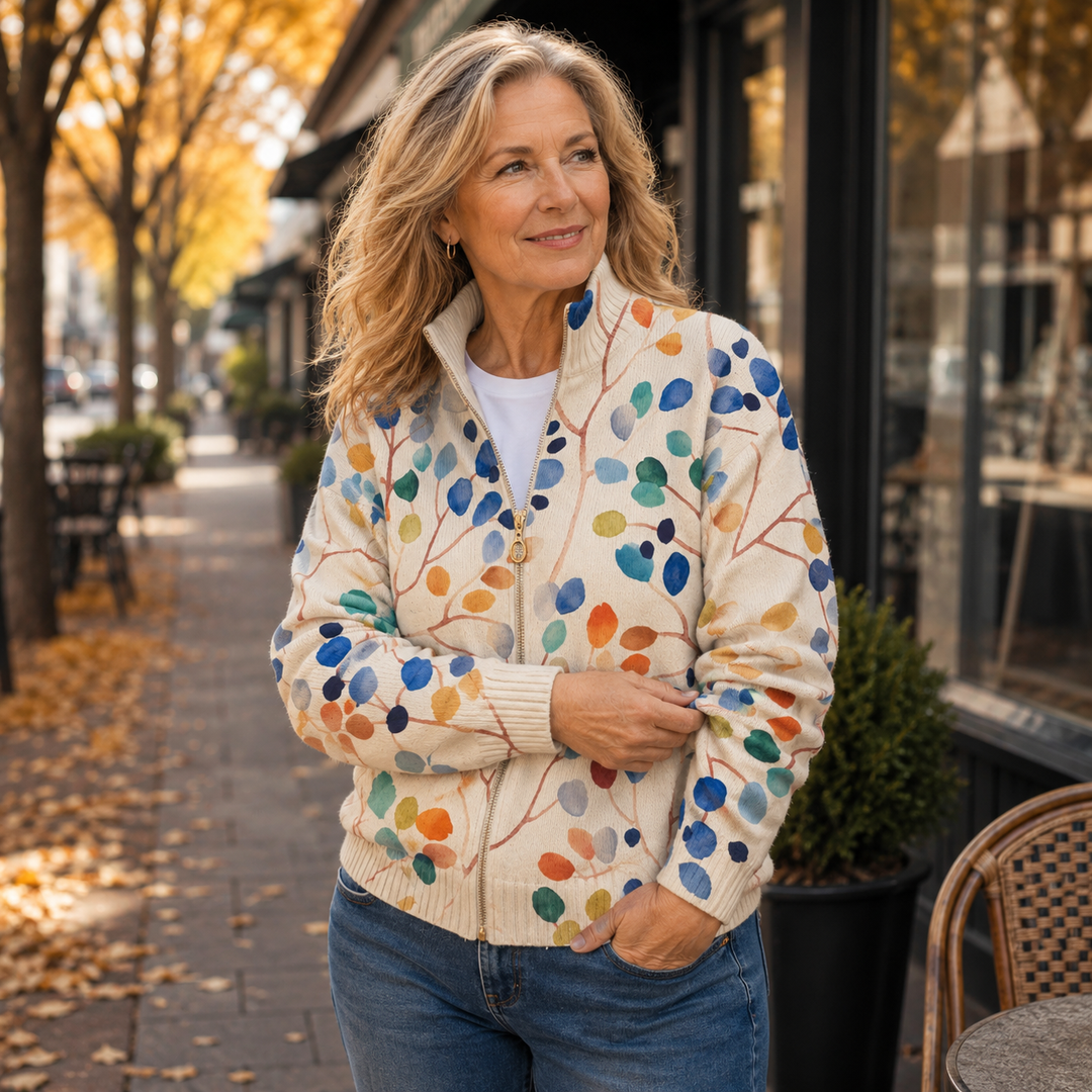 Delphine | Cardigan zip con stampa botanica