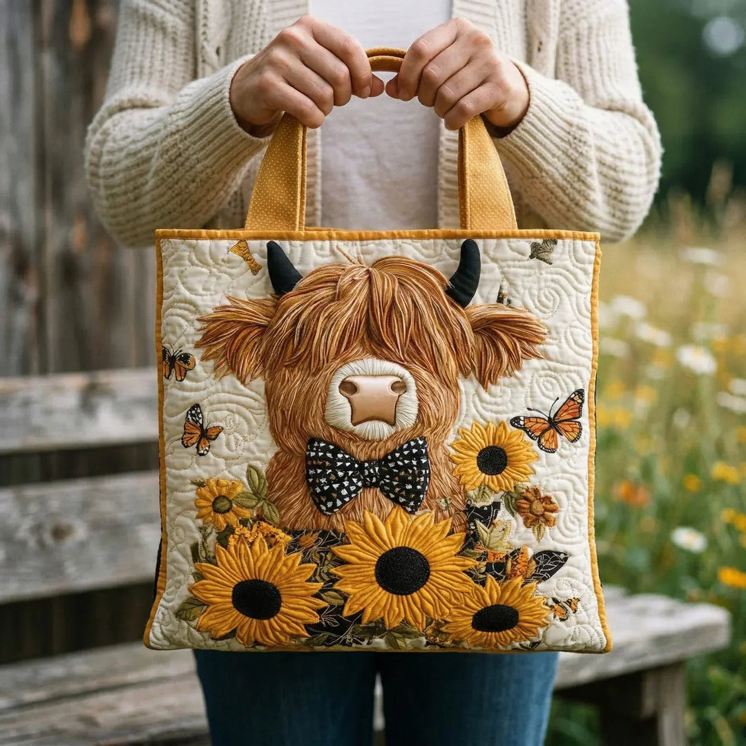 Borsa trapuntata - Mucca delle Highlands con girasoli