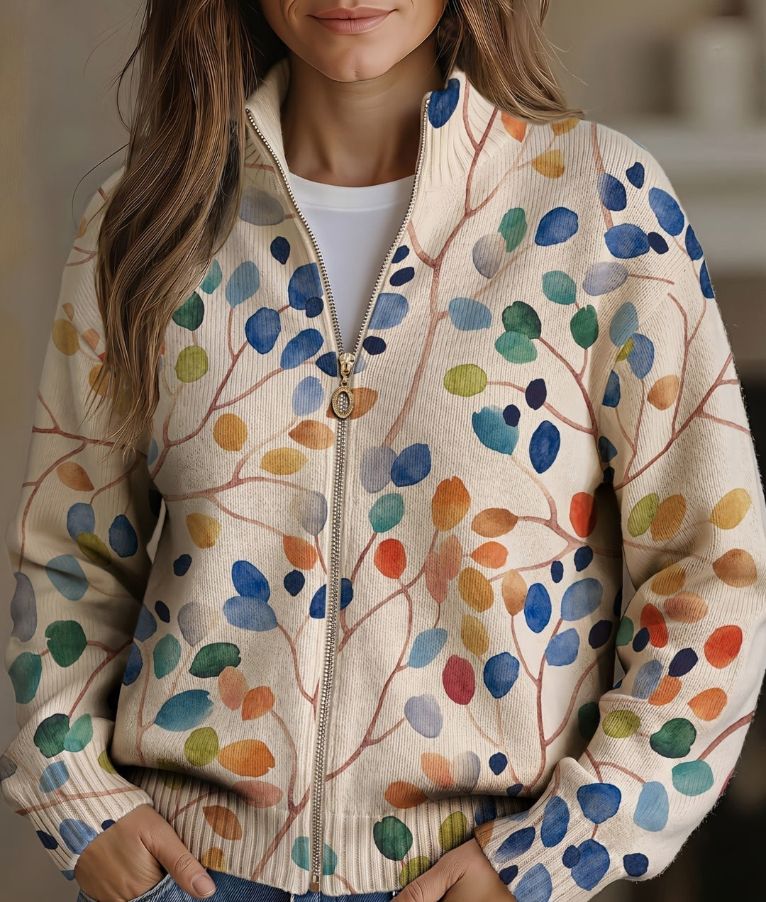 Delphine | Cardigan zip con stampa botanica