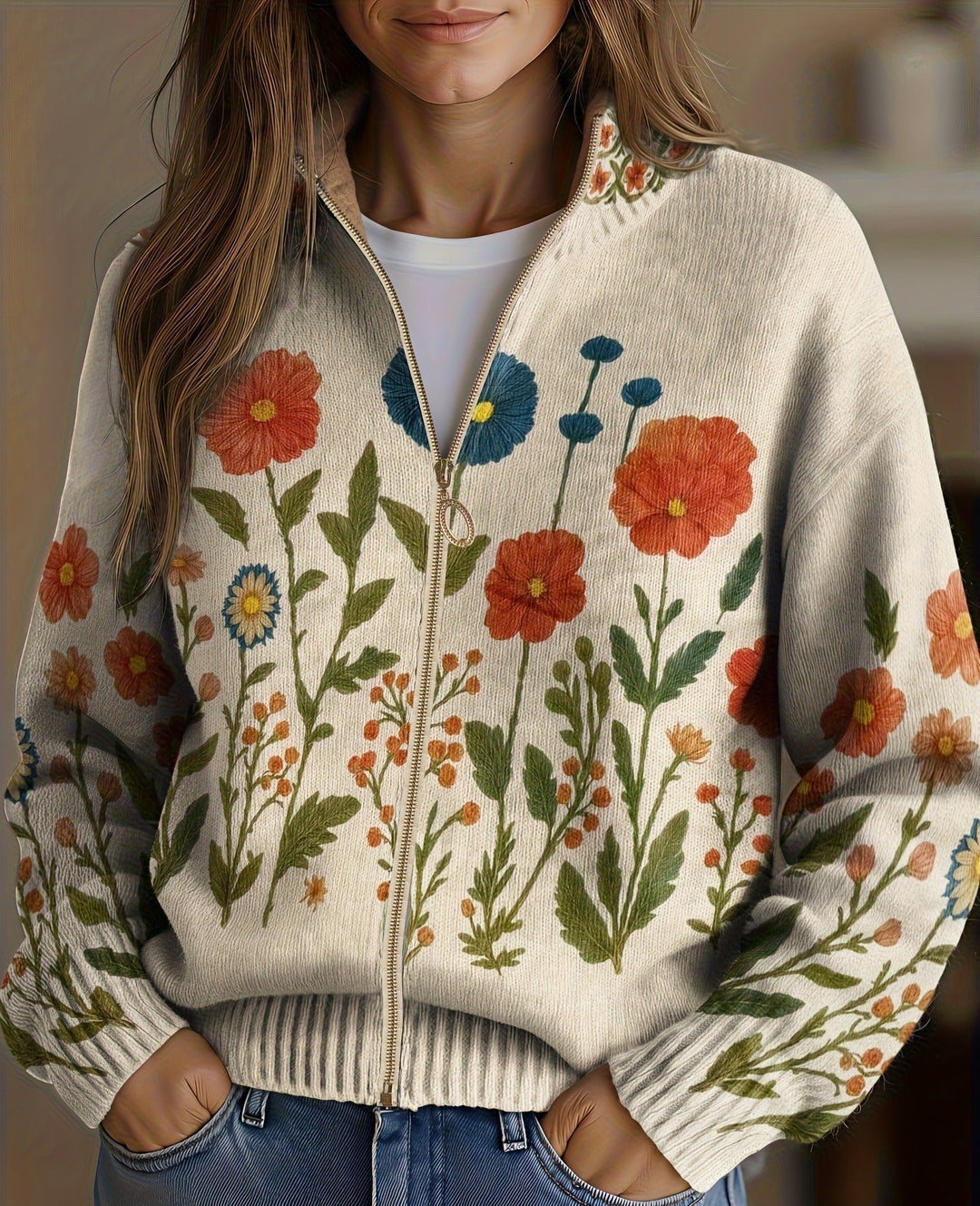 Juniper | Cardigan con zip in medaglione di fiori selvatici